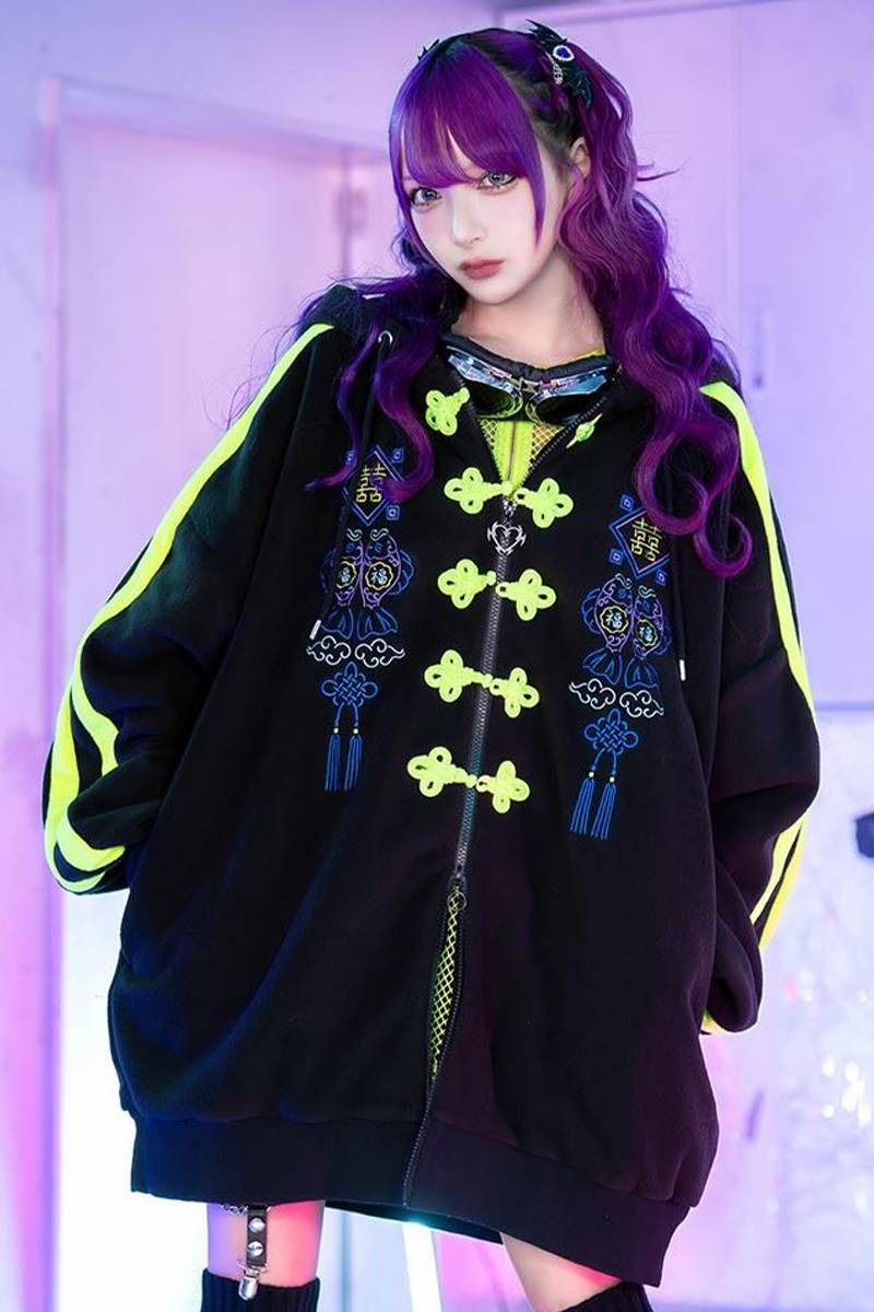 LISTEN FLAVOR (リッスン・フレーバー) 招福チャイナフリースジップパーカー - Black x Neon Yellow