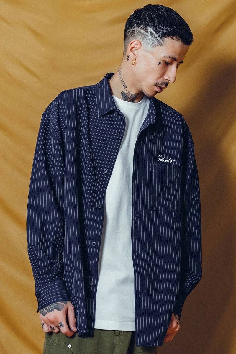 Subciety (サブサエティ) WOOL-LIKE LOOSE STRIPE SHIRT NAVY Subciety (サブサエティ) WOOL-LIKE LOOSE STRIPE SHIRT NAVY