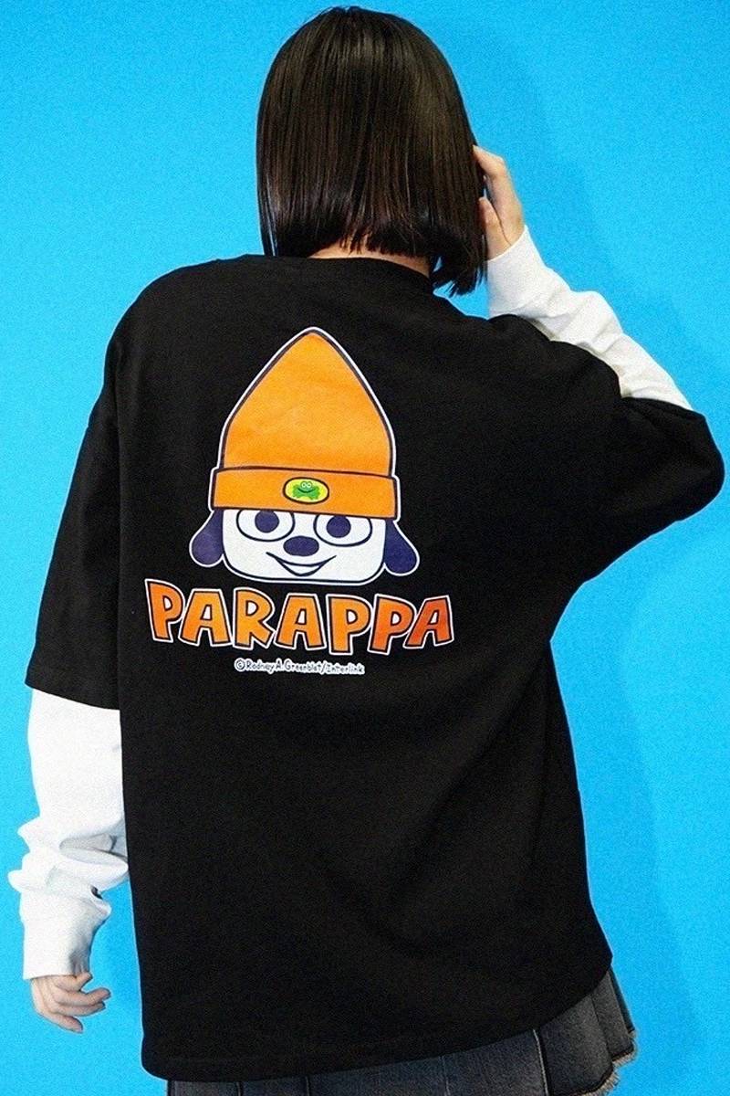 パラッパラッパー胸ロゴワッペン刺繍フェイクレイヤードロンTee - Black