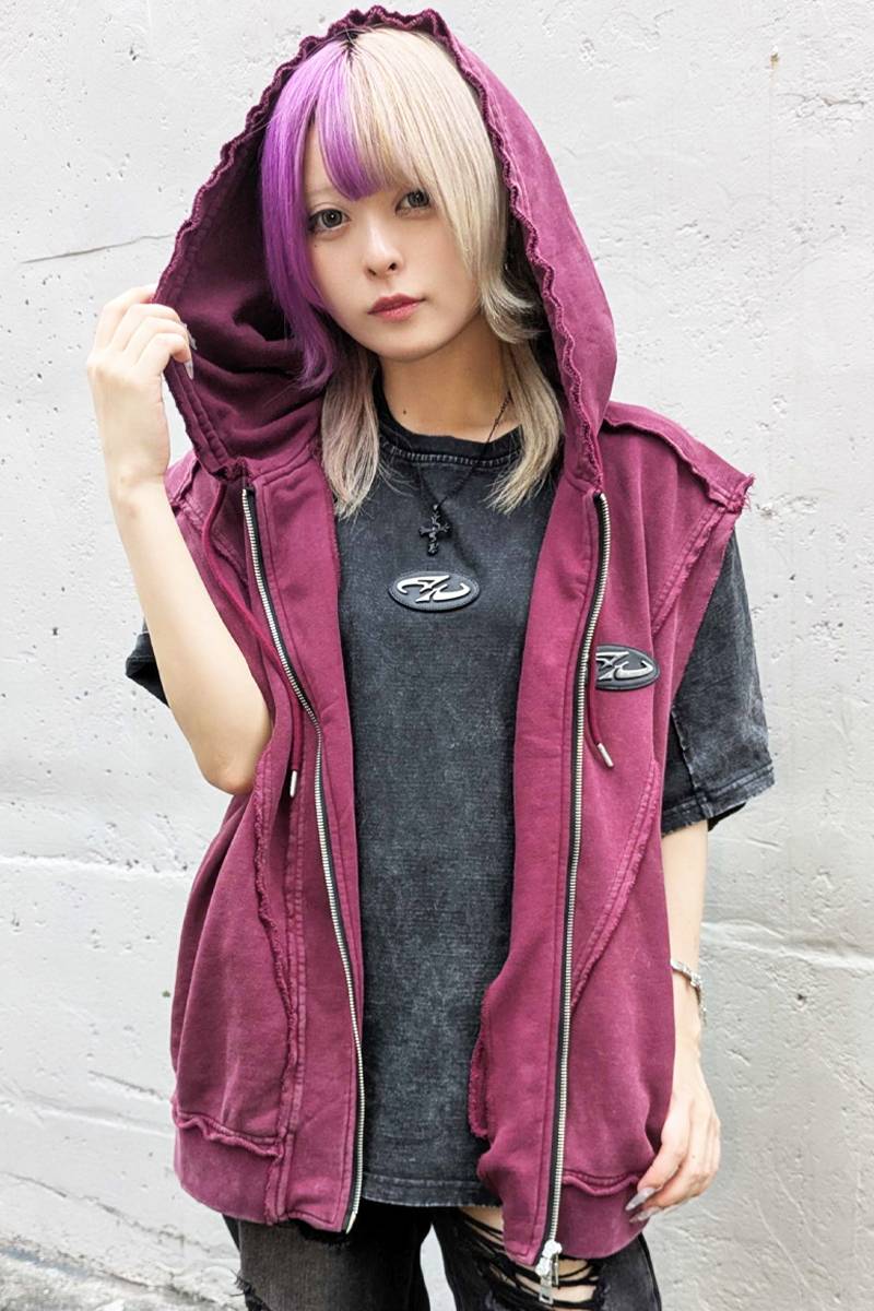 P.N UNDERGROUND (サイコ・ネーション・アンダーグラウンド) ピグメント ノースリーブ ZIPパーカー - Red
