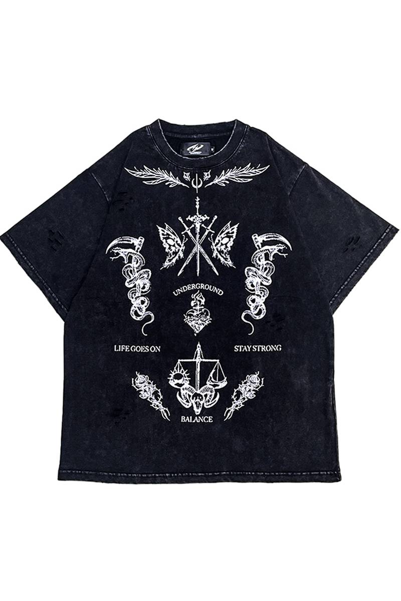 P.N UNDERGROUND (サイコ・ネーション・アンダーグラウンド) TATTOOダメージTEE - Black