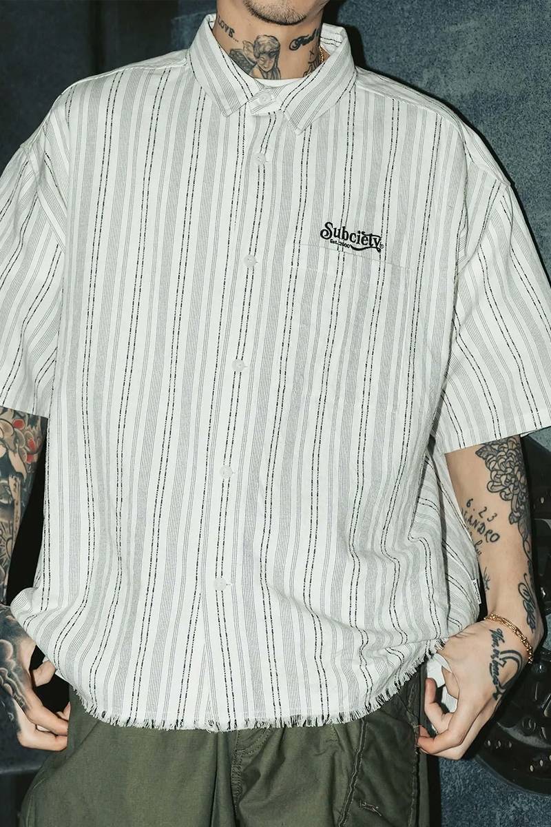 Subciety (サブサエティ) Jacquard stripe wide shirt - White