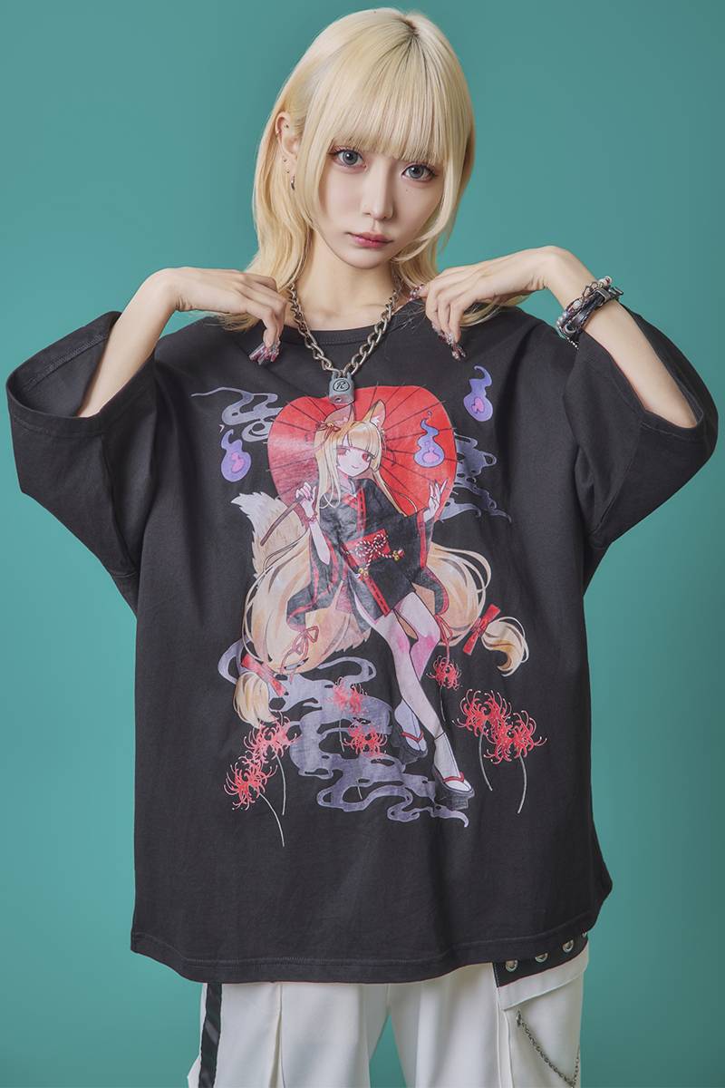 寝田ルネ×PSYCHO NATION(サイコ・ネーション) キツネ着物Tee - Black