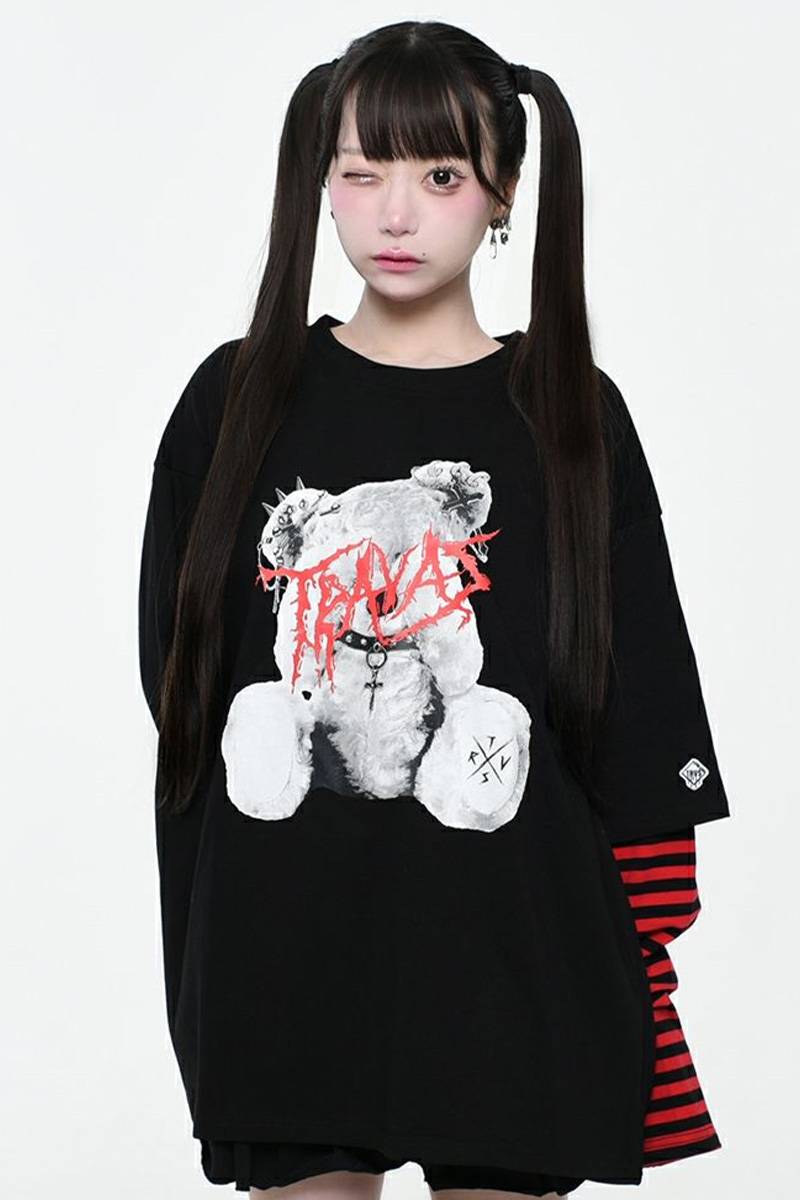 TRAVAS TOKYO (トラバス トーキョー) ボーダーレイヤードクマロンT - Black×Red