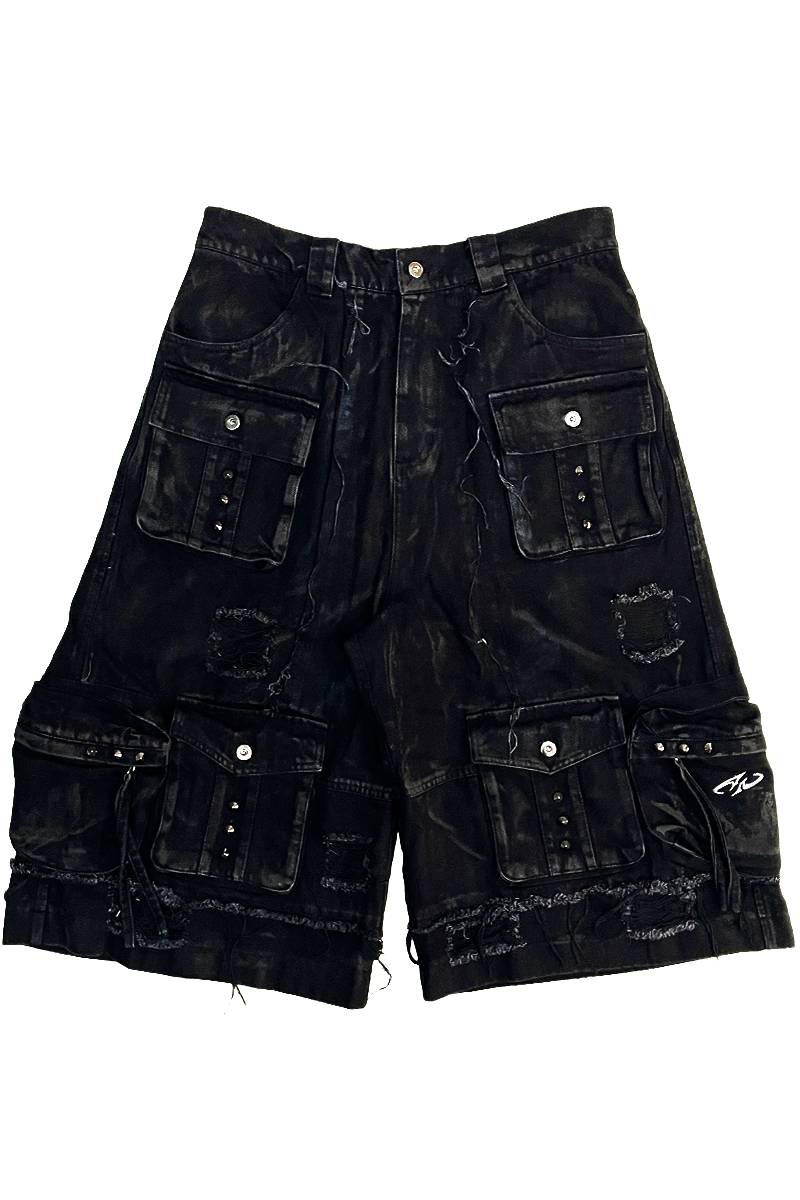 P.N UNDERGROUND (サイコ・ネーション・アンダーグラウンド) ダメージ・カーゴ・ハーフ・パンツ -  Black