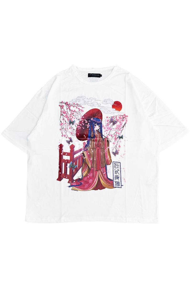 寝田ルネ×PSYCHO NATION (サイコ・ネーション) 桜着物Tee - White