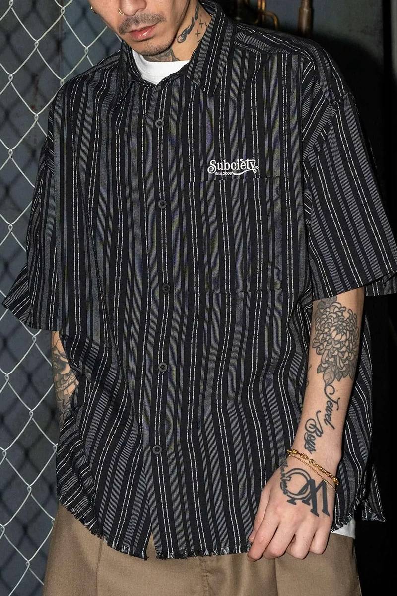 Subciety (サブサエティ) Jacquard stripe wide shirt - Black