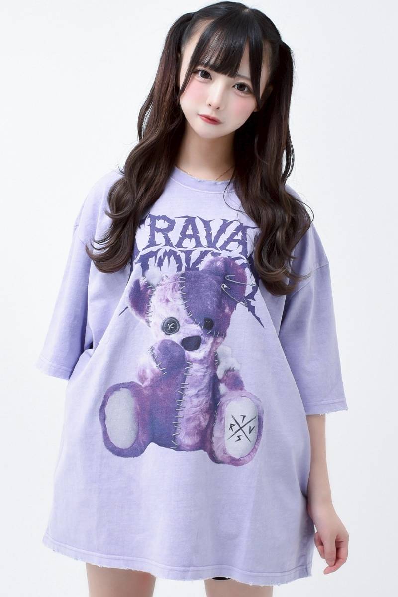 TRAVAS TOKYO(トラバス・トーキョー) バイオ加工継ぎはぎクマTシャツ - Purple