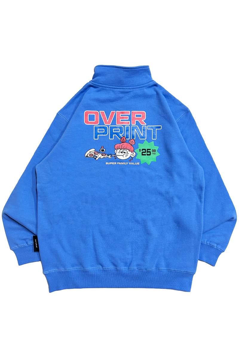 over print (オーバープリント) PIZZA PRICE BOX LOGO Half Zip pullover BLUE