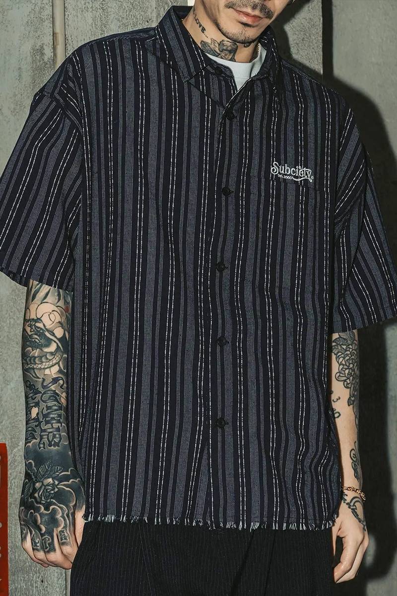 Subciety (サブサエティ) Jacquard stripe wide shirt - Navy