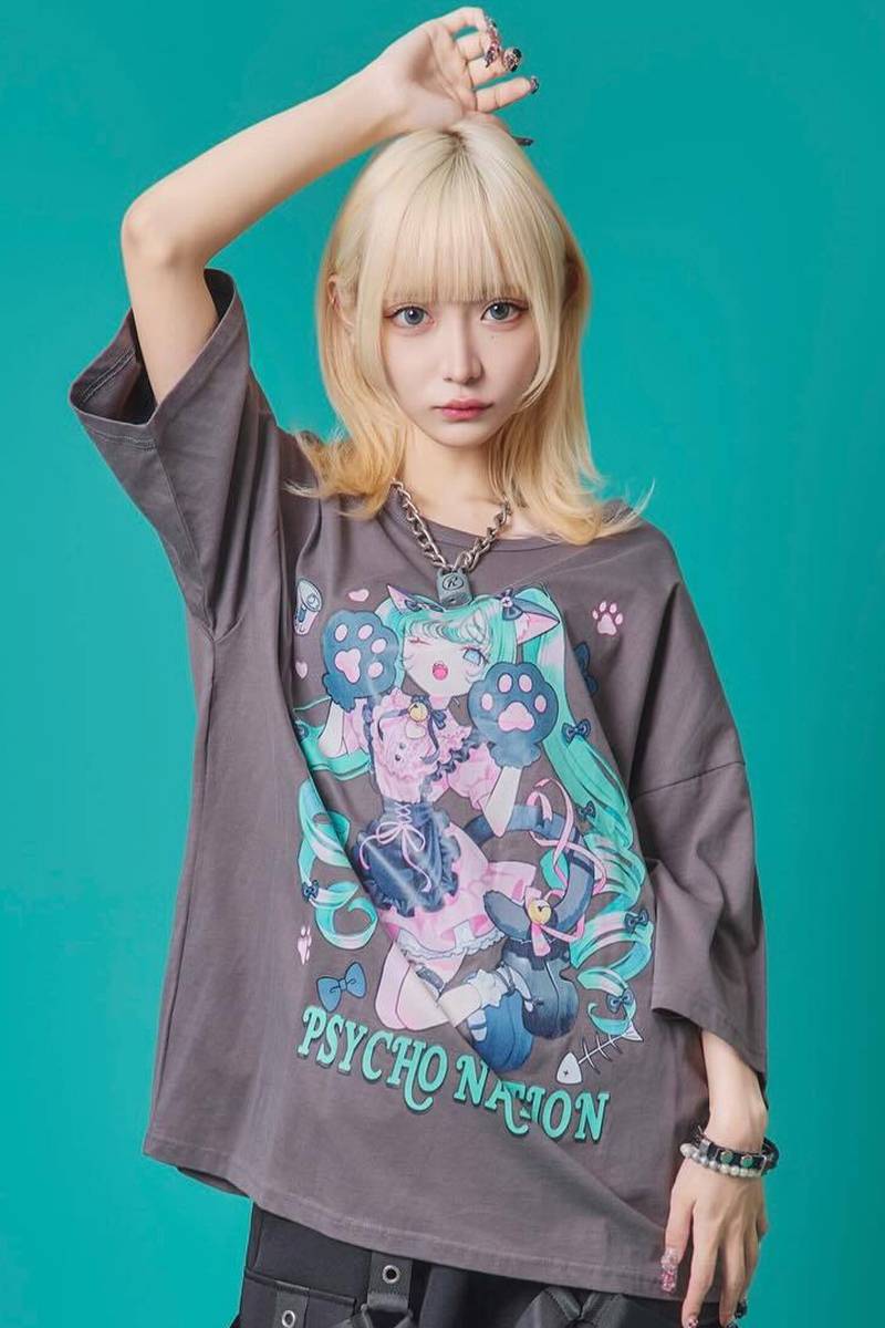 寝田ルネ×PSYCHO NATION (サイコ・ネーション) 猫耳メイドTee - Gray