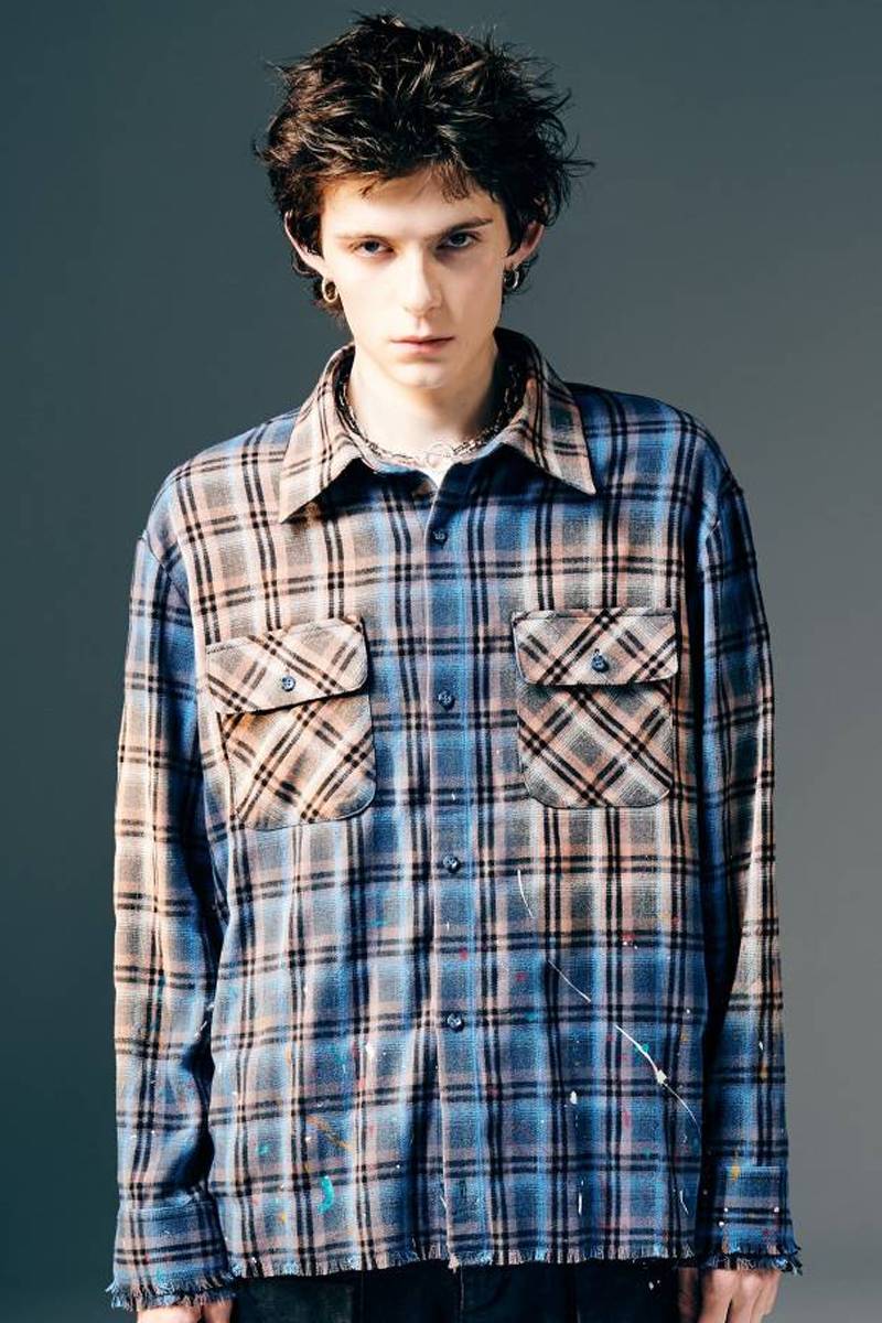【予約商品】glamb(グラム)Splash Damage Flannel Shirt / スプラッシュダメージフランネルシャツ - Blue