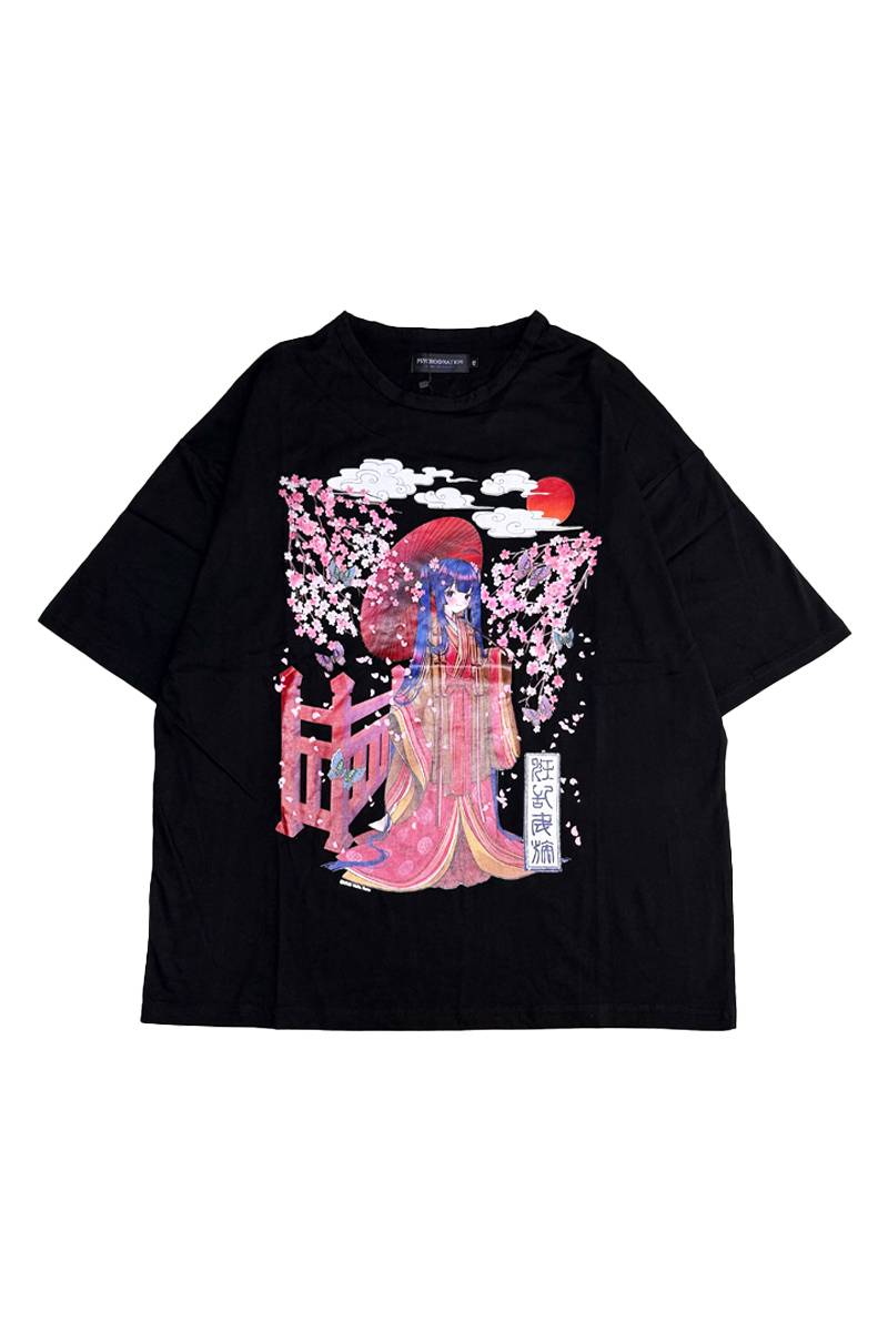 寝田ルネ×PSYCHO NATION (サイコ・ネーション) 桜着物Tee - Black