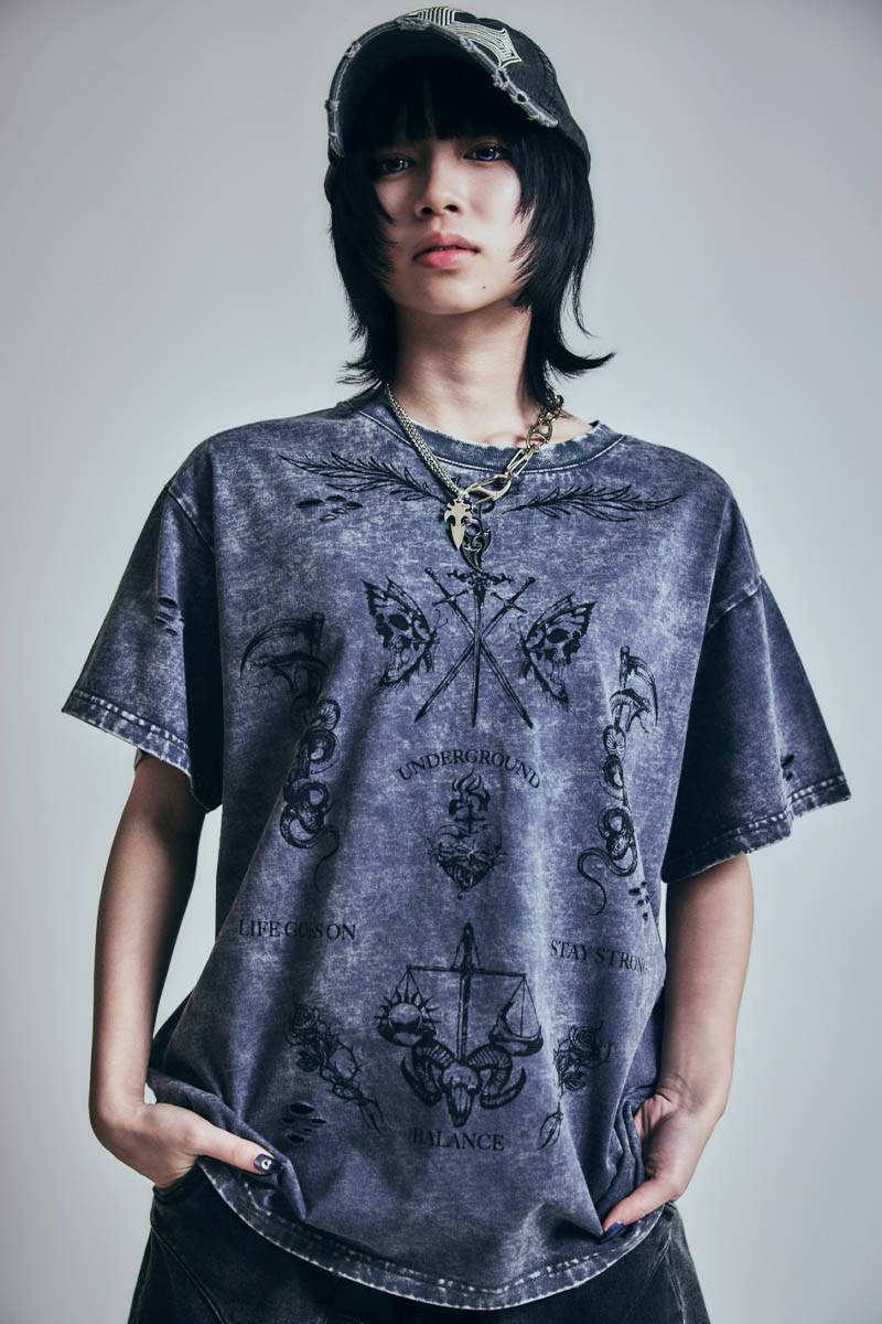 P.N UNDERGROUND (サイコ・ネーション・アンダーグラウンド) TATTOOダメージTEE - Grey