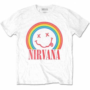 【予約商品】NIRVANA バンドTシャツ ユニセックス: Happy Face Rainbow (White) - WHITE