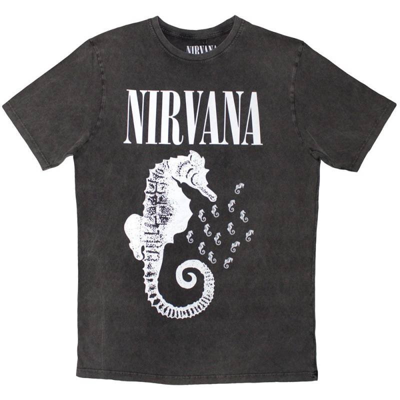 【予約商品】NIRVANA Unisex Stone Wash バンドTシャツ: Seahorse & Logo Mono (Charcoal Grey)