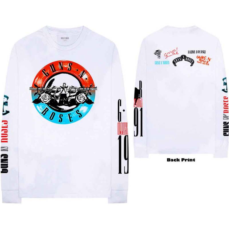 【予約商品】GUNS N' ROSES Unisex Long Sleeve バンドTシャツ: Motorcross Logo (White) (Back & Sleeve Print)
