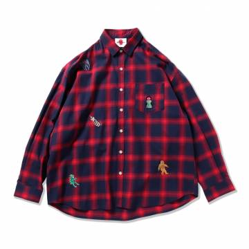 【予約商品】PUNK DRUNKERS (パンクドランカーズ) UMA刺繍シャツ - RED CHECK