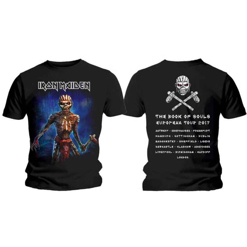 【予約商品】IRON MAIDEN バンドTシャツ ユニセックス: Axe Eddie Book of Souls European Tour V.2 (Black) (Back Print)