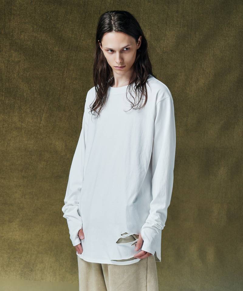 【予約商品】glamb(グラム) Damage Cutsew / ダメージカットソー - White