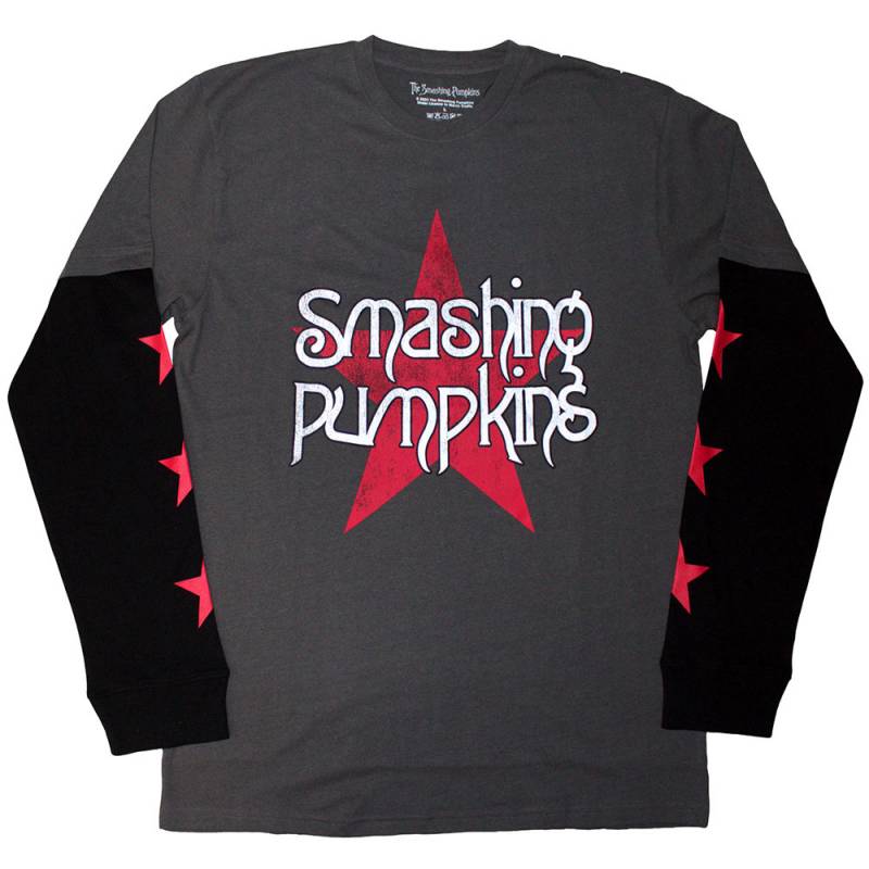 【予約商品】THE SMASHING PUMPKINS Unisex Layered Long Sleeve バンドTシャツ: Star Logo (Charcoal Grey & Black) (Sleeve Print) - CHARCOAL GREY & BLACK