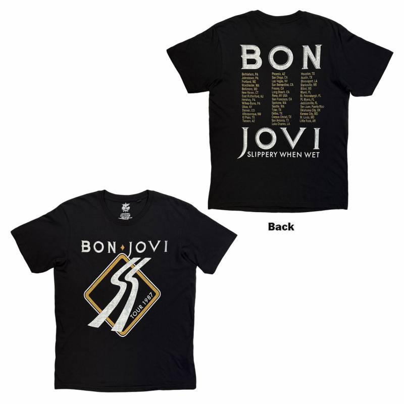 【予約商品】BON JOVI バンドTシャツ ユニセックス: Tour '87 Road Sign (Black) (Back Print)