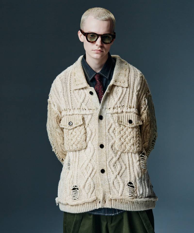 【予約商品】glamb(グラム) Damage Knit Jacket / ダメージニットジャケット - Ivory