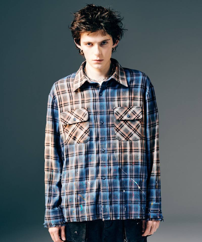 【予約商品】glamb(グラム)Splash Damage Flannel Shirt / スプラッシュダメージフランネルシャツ - Blue
