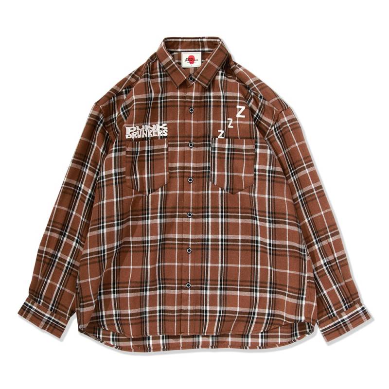 【予約商品】PUNK DRUNKERS (パンク・ドランカーズ) ポケットで寝るシャツ - BROWN CHECK