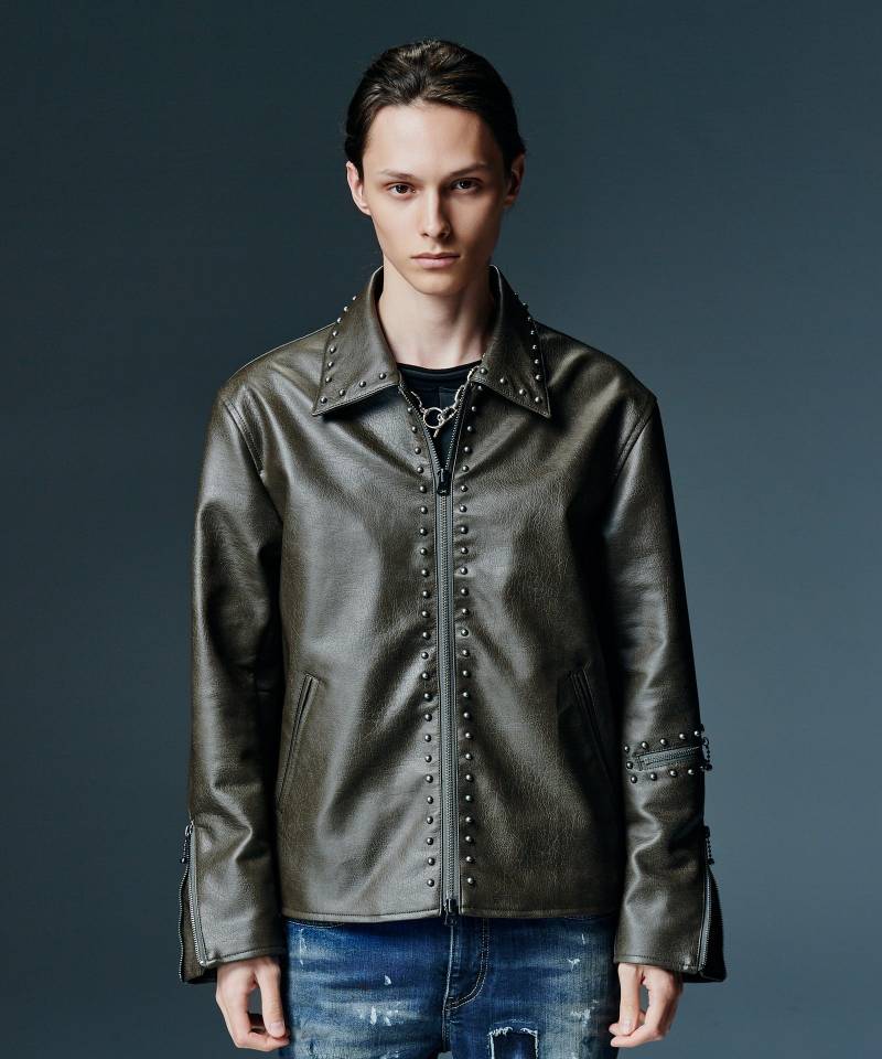 【予約商品】glamb(グラム) Synth Leather Studs Jacket / シンセレザースタッズジャケット - Khaki