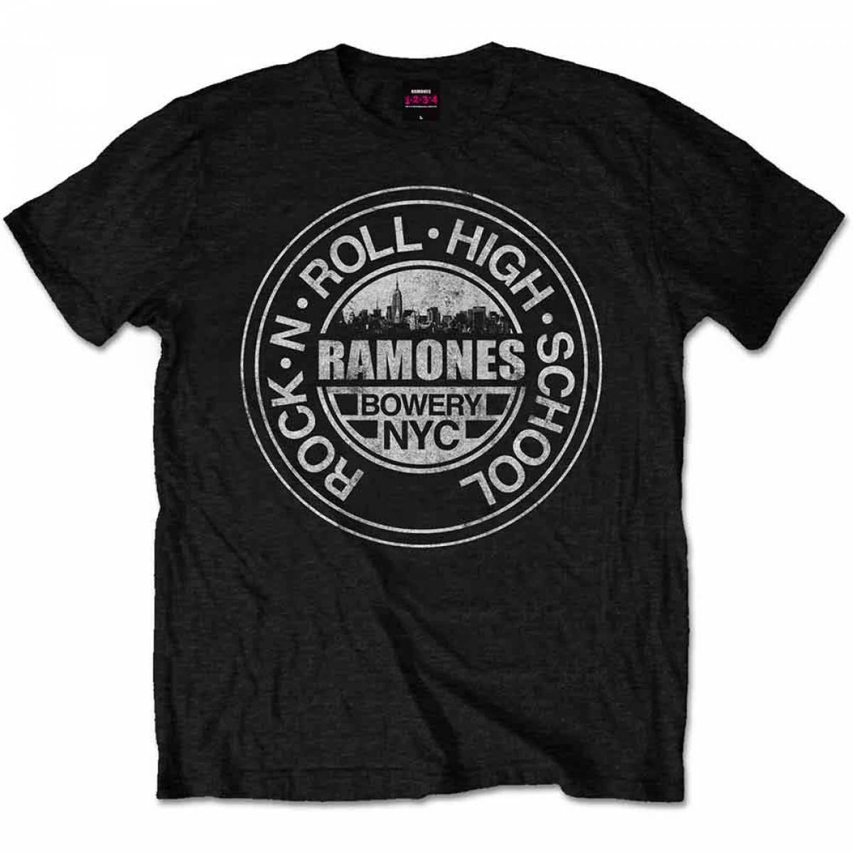 【予約商品】RAMONES バンドTシャツ ユニセックス: Rock 'n Roll High School, Bowery, NYC (Black) - BLACK