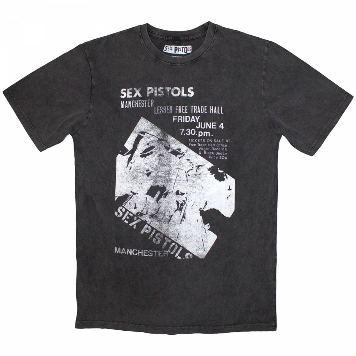 【予約商品】THE SEX PISTOLS Unisex Stone Wash バンドTシャツ: Manchester Flyer (Charcoal Grey) - CHARCOAL GREY