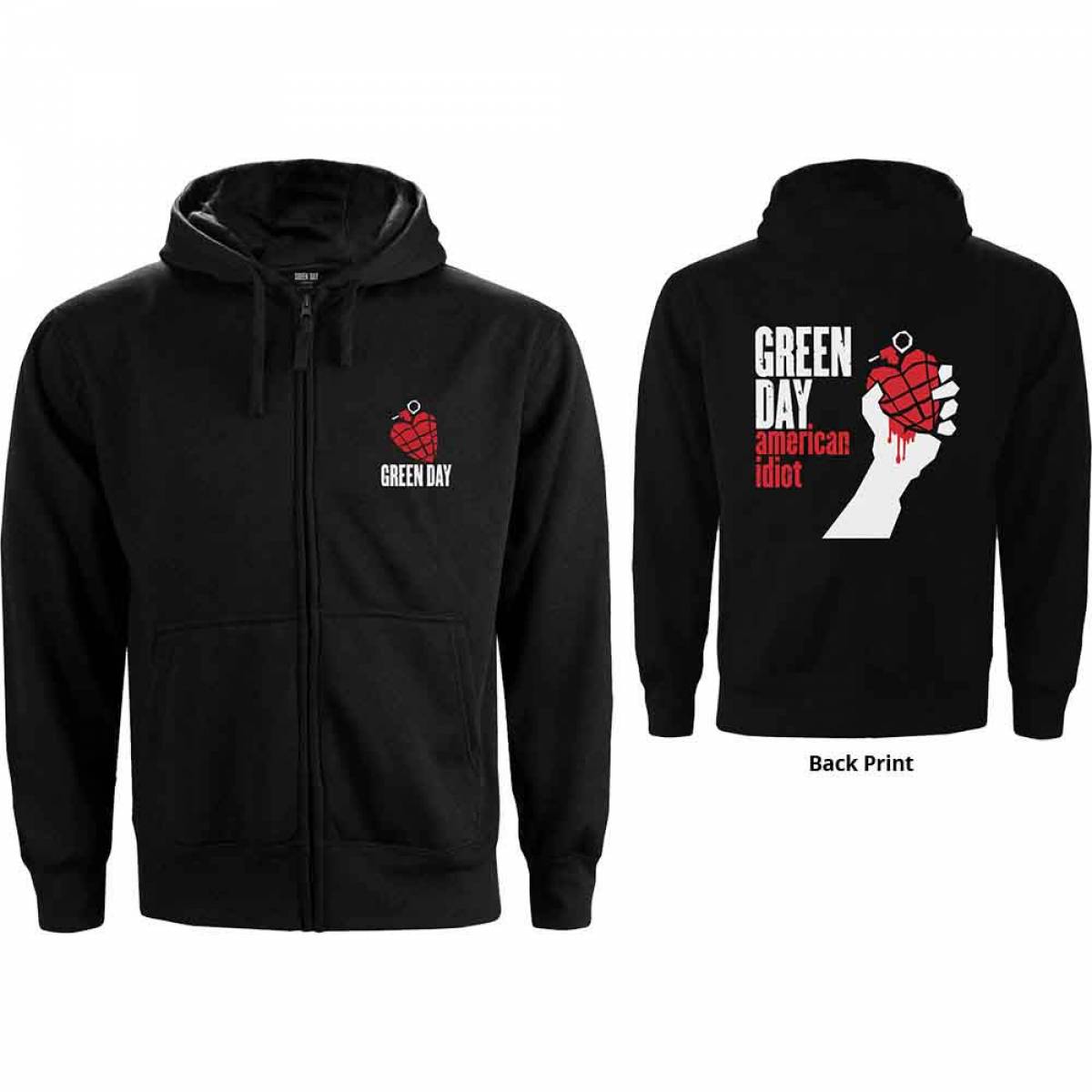 GREEN DAY Unisex Zipped Hoodie: American Idiot (Back Print) - BLACK