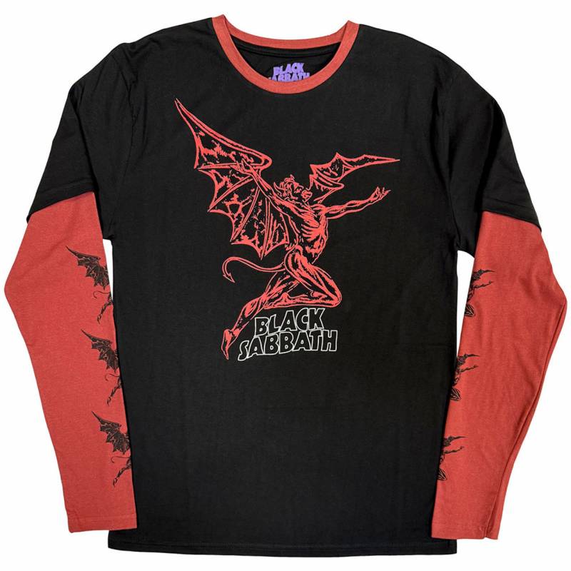 【予約商品】BLACK SABBATH Unisex Layered Long Sleeve バンドTシャツ: Red Henry Wavy Logo (Black & Red) (Sleeve Print)