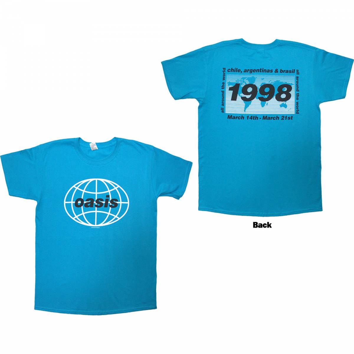 【予約商品】OASIS バンドTシャツ ユニセックス: 1998 World Tour - South America (Blue) (Back Print) - BLUE