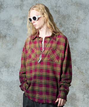 【予約商品】glamb(グラム)GB0325/SH02 : Bleach Check Shirt / ブリーチチェックシャツ - Red