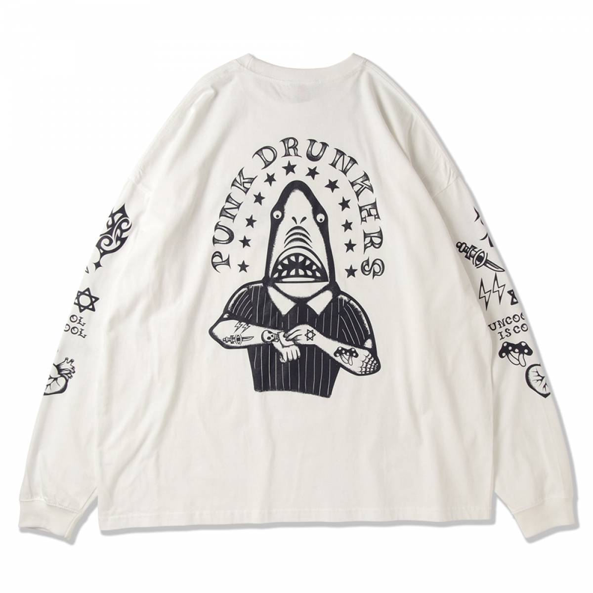 【予約商品】PUNK DRUNKERS (パンクドランカーズ) タトゥー鮫人BIGロンTEE - WHITE