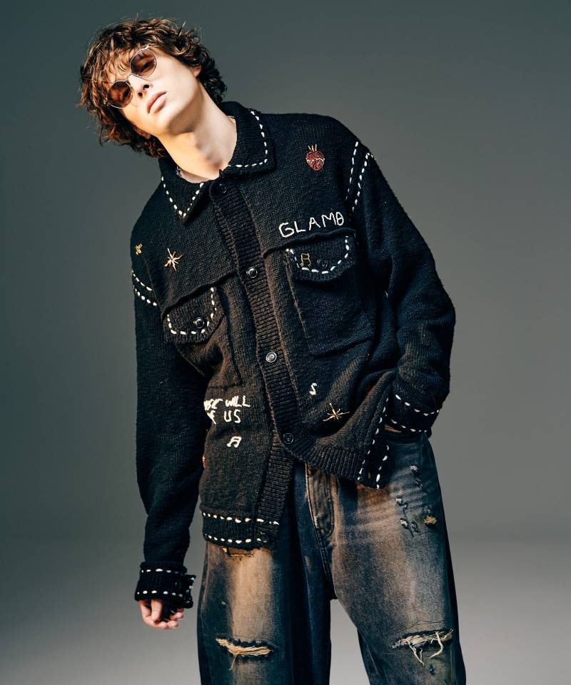 【予約商品】glamb(グラム) Beadswork Knit Jacket / ビーズワークニットジャケット - Black