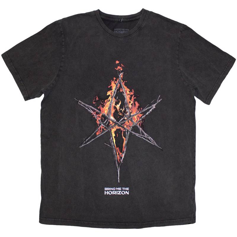 【予約商品】BRING ME THE HORIZON バンドTシャツ ユニセックス: Flame Hex & Text Logo (Grey Wash) (Wash Collection) - GREY WASH