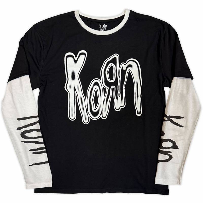 【予約商品】KORN Unisex Layered Long Sleeve バンドTシャツ: Metallic Logo (Black & White) (Sleeve Print)