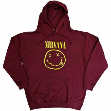 【予約商品】NIRVANA Unisex Pullover Hoodie: Yellow Happy Face (Maroon Red) - MAROON RED