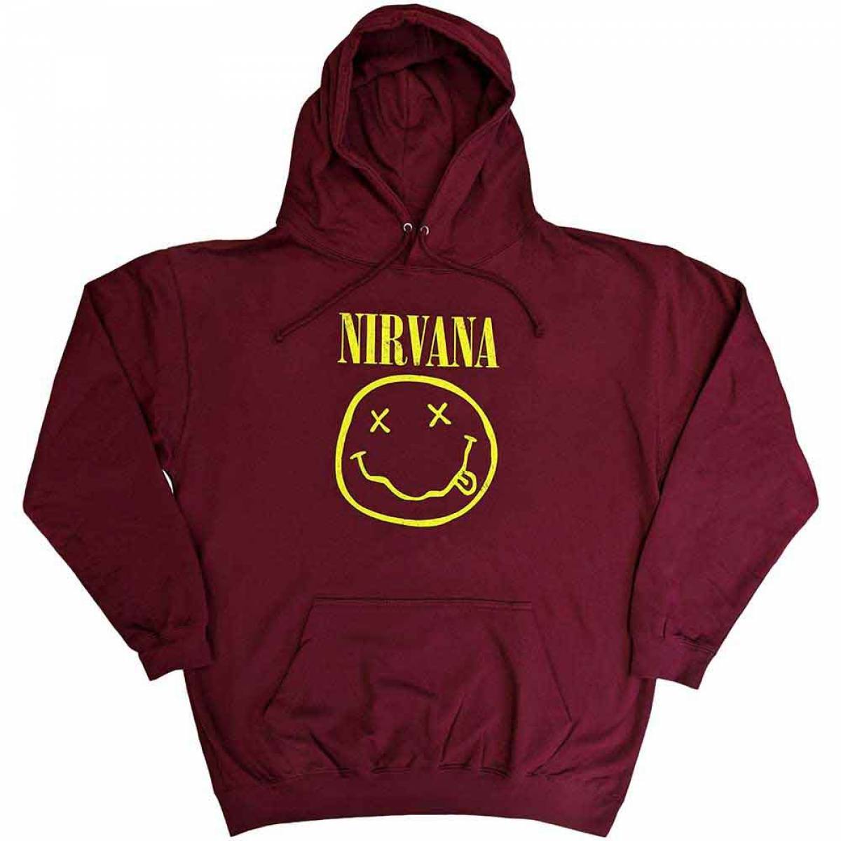【予約商品】NIRVANA Unisex Pullover Hoodie: Yellow Happy Face (Maroon Red) - MAROON RED