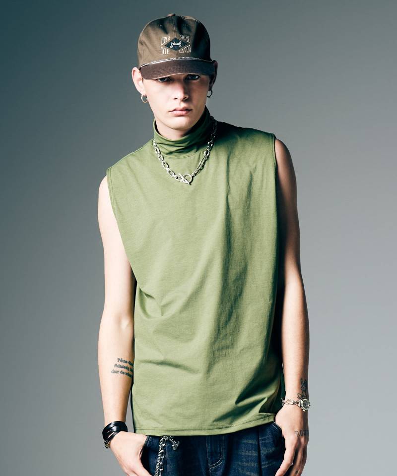 【予約商品】glamb(グラム) Tech High Neck Tank Top / テックメッシュネックタンクトップ - Khaki