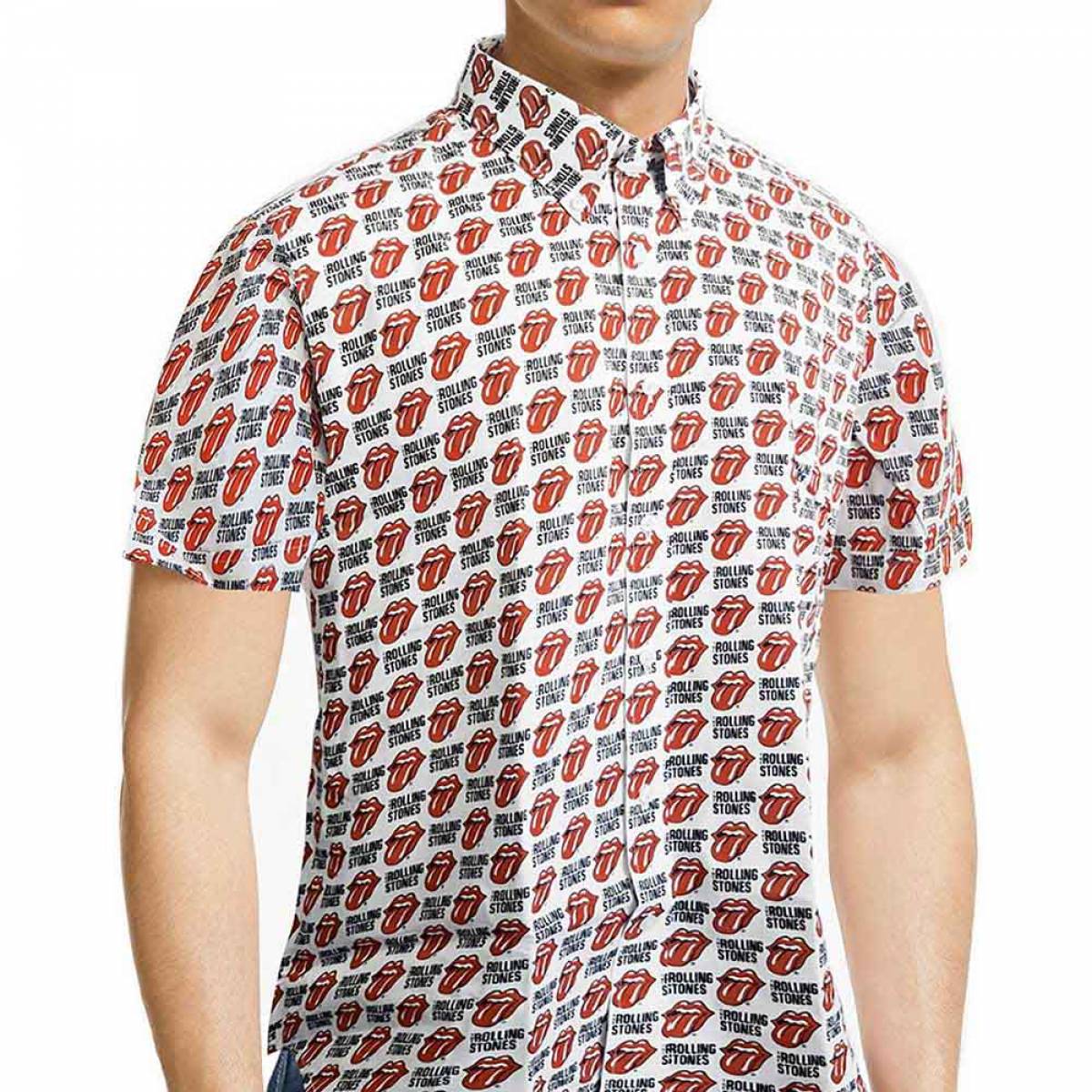 【予約商品】THE ROLLING STONES Unisex Casual Shirt: Tongue and Text (White) (All Over Print) - WHITE