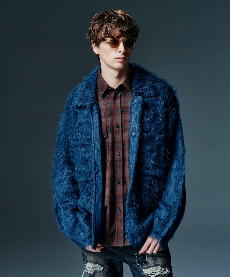 【予約商品】glamb(グラム) Shaggy Knit Shirt Cardigan / シャギーニットシャツカーディガン - Blue