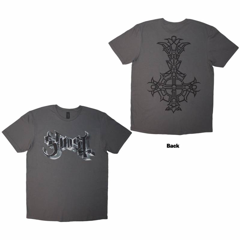 【予約商品】GHOST バンドTシャツ ユニセックス: Chrome Logo & Grucifix Outline (Charcoal Grey) (Back Print)