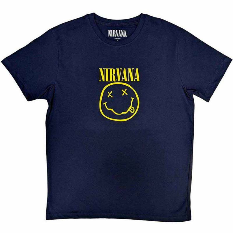 【予約商品】NIRVANA バンドTシャツ ユニセックス: Yellow Happy Face (Navy Blue)