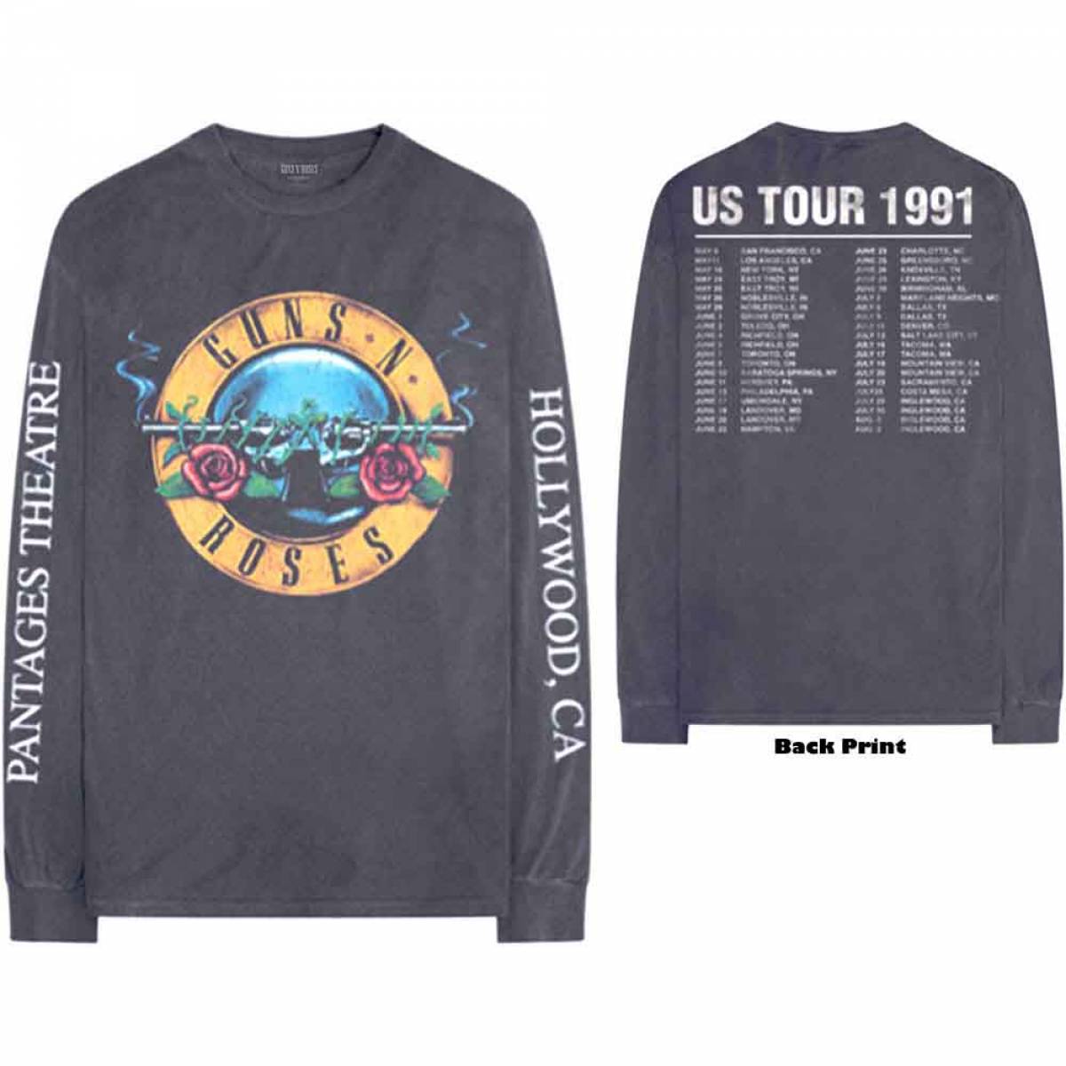 【予約商品】GUNS N' ROSES Unisex Long Sleeve バンドTシャツ: Hollywood Tour (Charcoal Grey) (Back & Sleeve Print) - CHARCOAL GREY