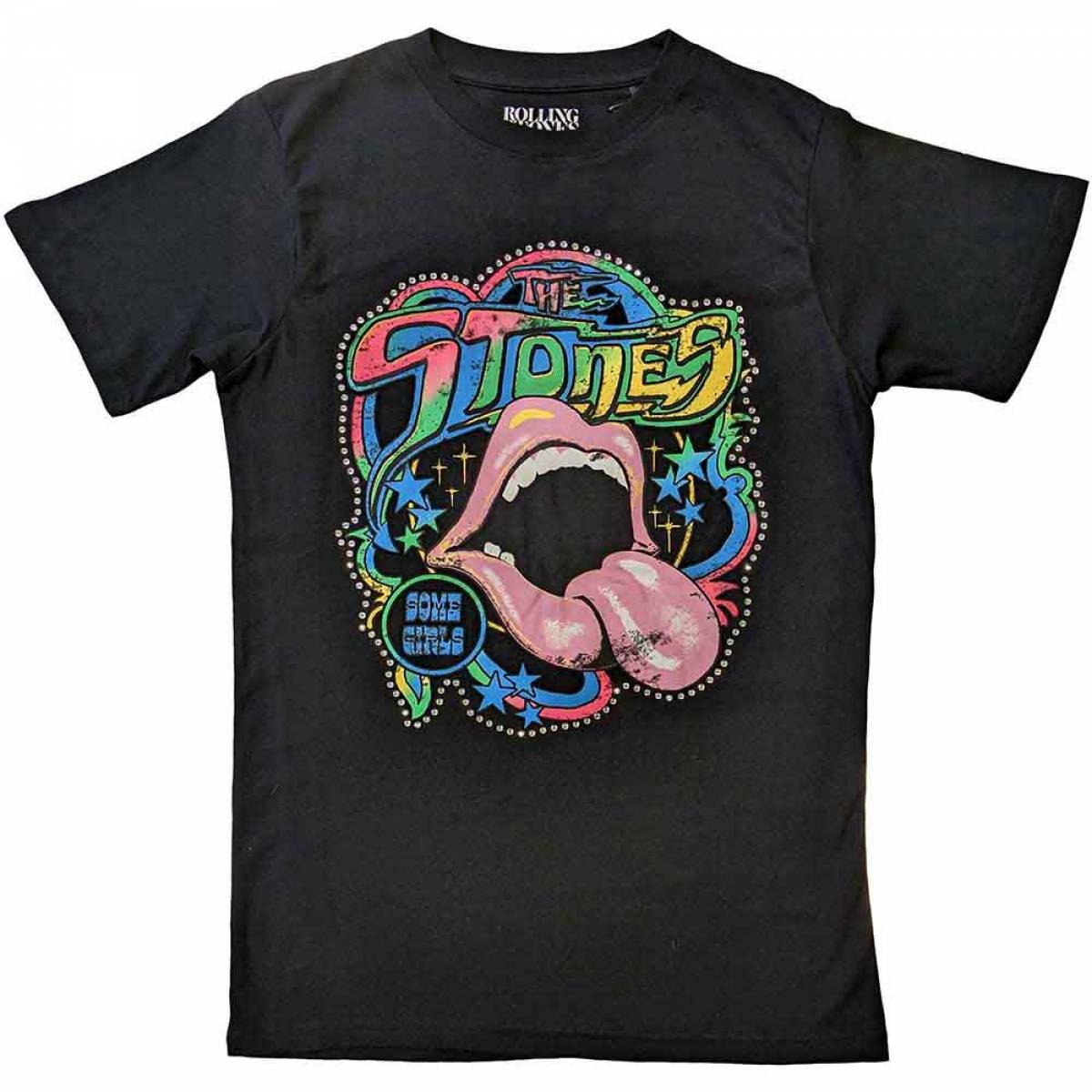 【予約商品】THE ROLLING STONES バンドTシャツ ユニセックス: Some Girls Neon Tongue (Faded Black) (Embellished) - FADED BLACK