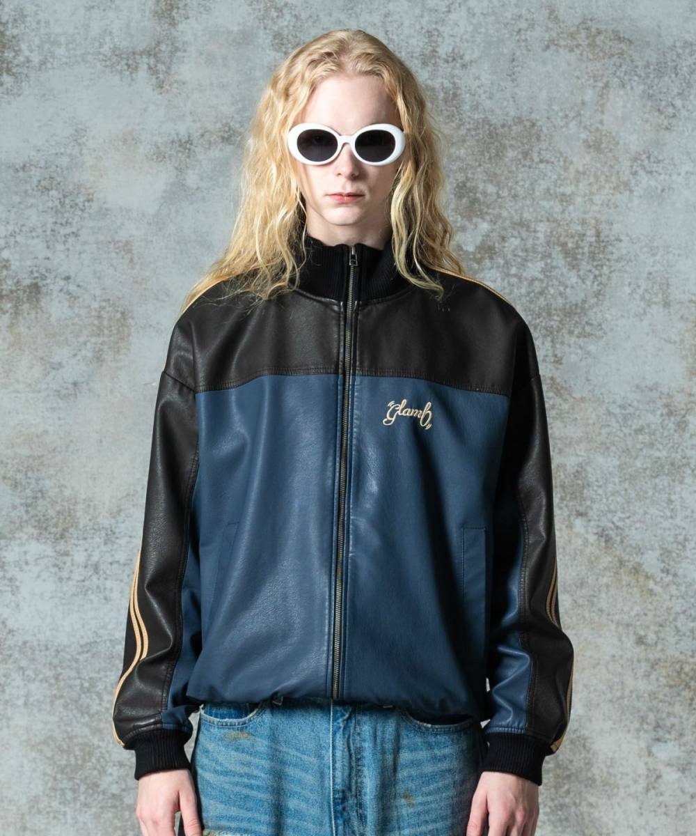 【予約商品】glamb(グラム)GB0325/JKT10 : Synth Leather Track Jacket / シンセレザートラックジャケット - Navy